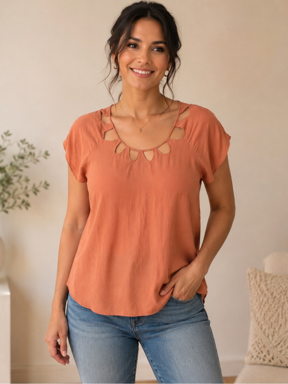 100% Silk Short Sleeve Cutout Neck Blouse
